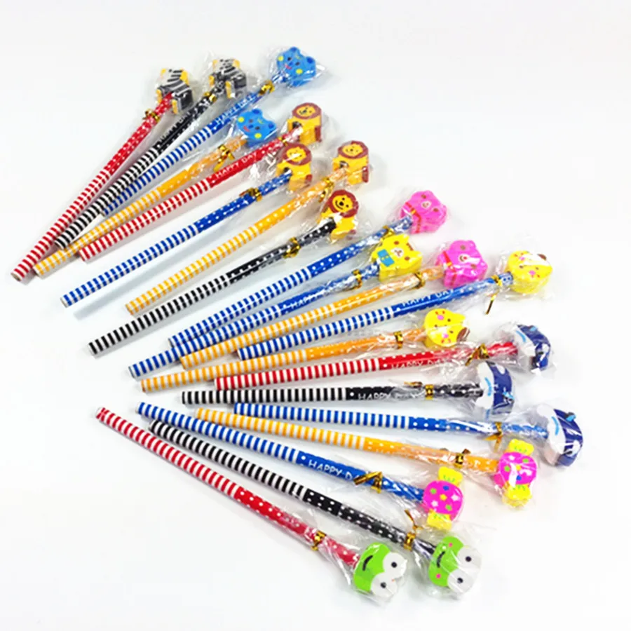 

free shipping 40pcs Cartoon striped ten wooden pencils with eraser Pencils Drawing Writing Office School Stationery