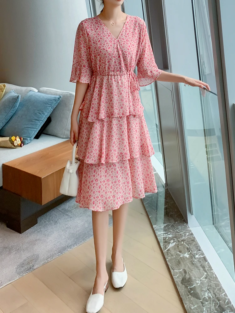 

Bornsra 2020 Floral Dress Female Summer New French Vintage Loose Thin Chiffon Skirt Mid-Calf Casual A-Line Dresses Vestidos