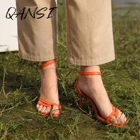 summer women flip flops orange heels fashion party square toe thin belt women sandals new pu stiletto buckle strap shoes 2021