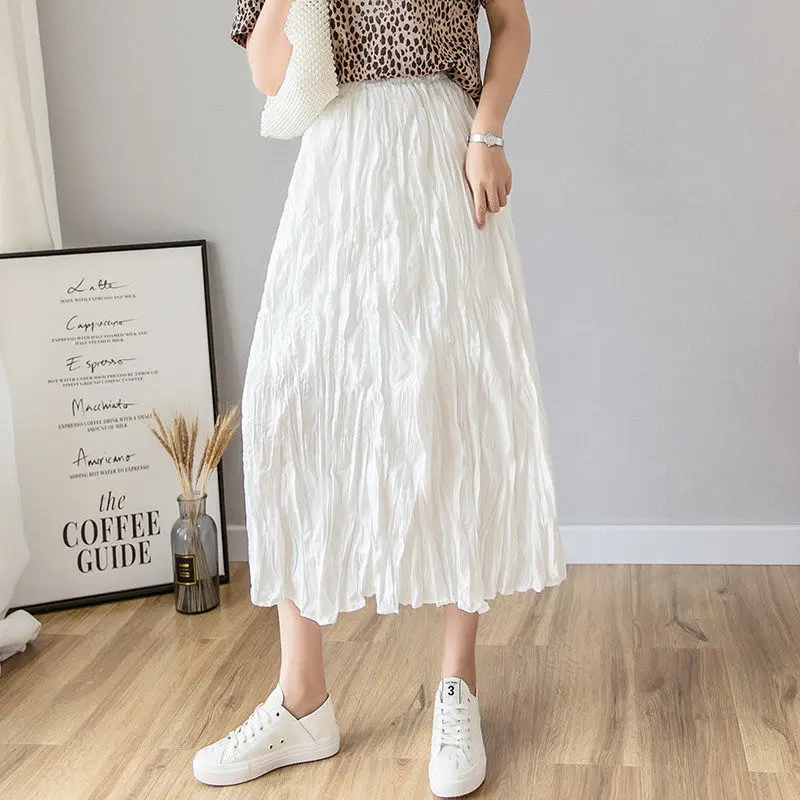 

Women 2021 Summer Midi Long Skirt Female Streetwear High Waist Ruffle Pleated A-Line Skirts Ladies Elegant Chic Casual Skirt V11