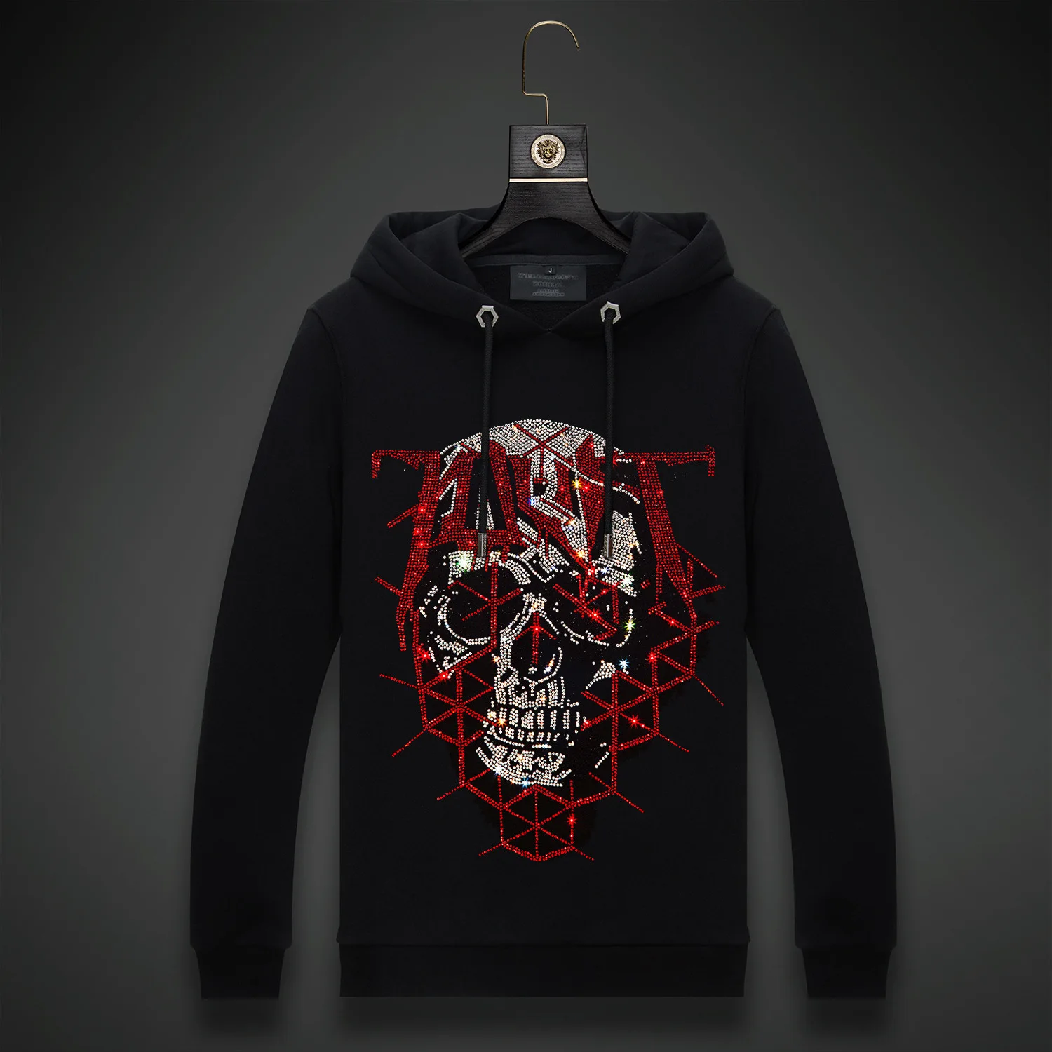 

Skull 2021 Men Rhinestones Hoodie Sweatshirt Fashion Streetwear Full Pullover Hooded Hoodie Black Thick Mens Winter Clothes 6XL