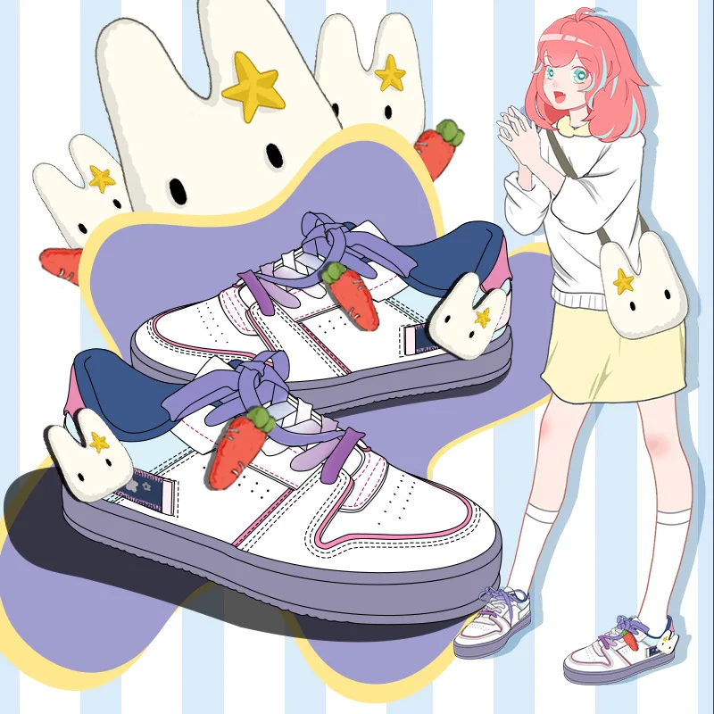 

Cute Kawaii Carrot Rabbit Cartoon Casual Sneakers Female Students Flat Shoes Fashion Breathable PU Leather Women Vulcanize Shoes