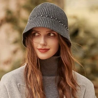 fashion england spring autumn winter warmer knitted basin hat lady pearl decorate bucket cap women outdoor travel sunscreen