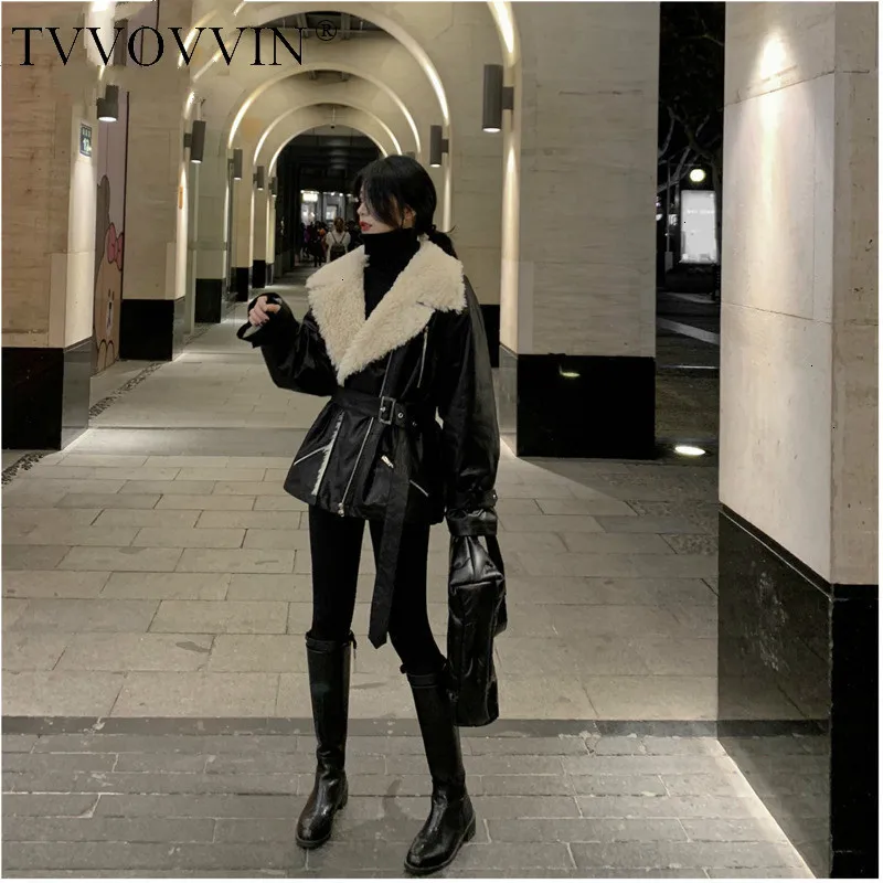 

Temperament Turn Down Collar Full Sleeve Zipper With Belt Women Loose Lamb Hair PU Fur Jacket 2020 Autumn Winter New L746