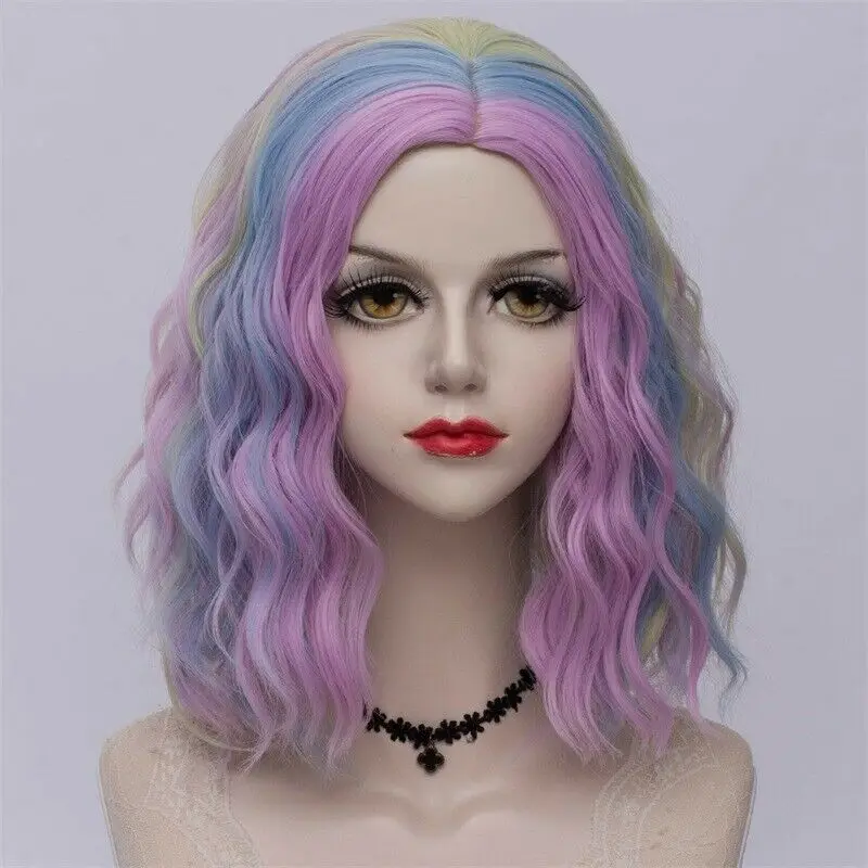 purple blue wig 27 стиль радуги многоцветные Хэллоуин 35 см вьющиеся синтетические парик Лолита Средний Омбре вечерние Косплей - Цвет: purple blue wig