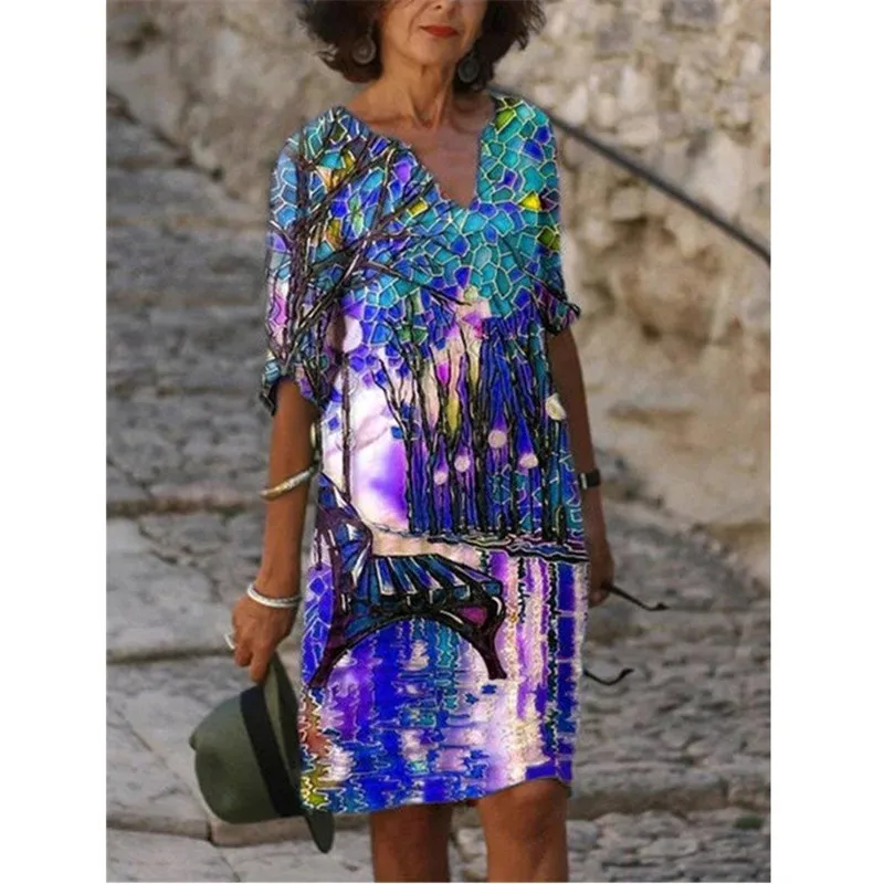 

Summer Vintage Print Floral Half Sleeve Dress Women Casual V-neck Loose Straight Linen Fashion Elegant Vestidos Plus Size 3XL