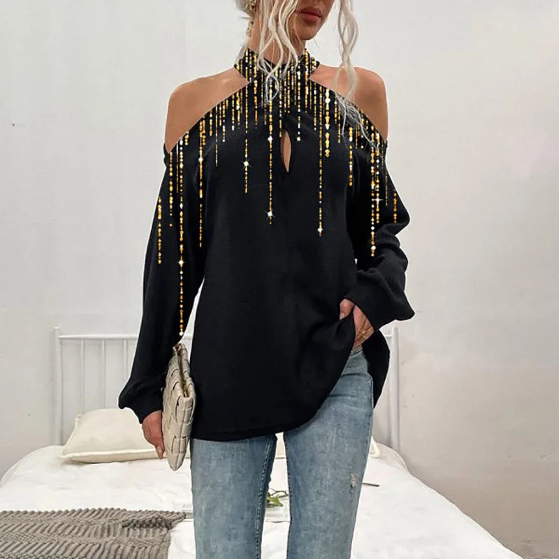 

Sexy Criss-cross Halter Shirt Lady Spring Autumn Hot Deals Off Shoulder Pullover Vintage Abstract Face Print Women Tops Blouses
