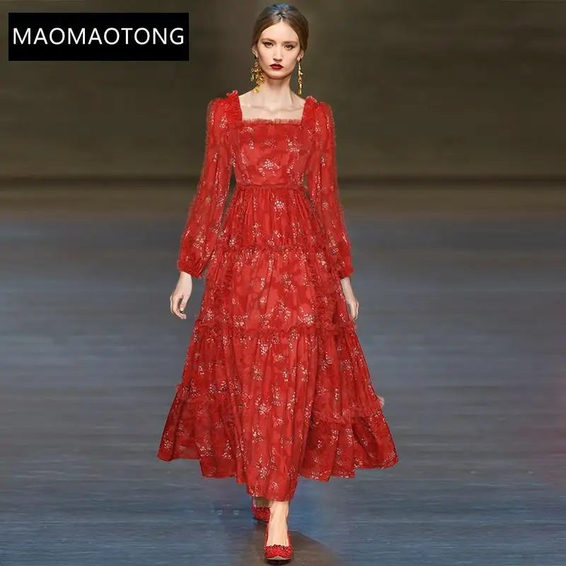 

Fashion Designer Autumn Long Party Dress Women Lantern sleeve High waist Red Flower print Vacation Elegant Dress