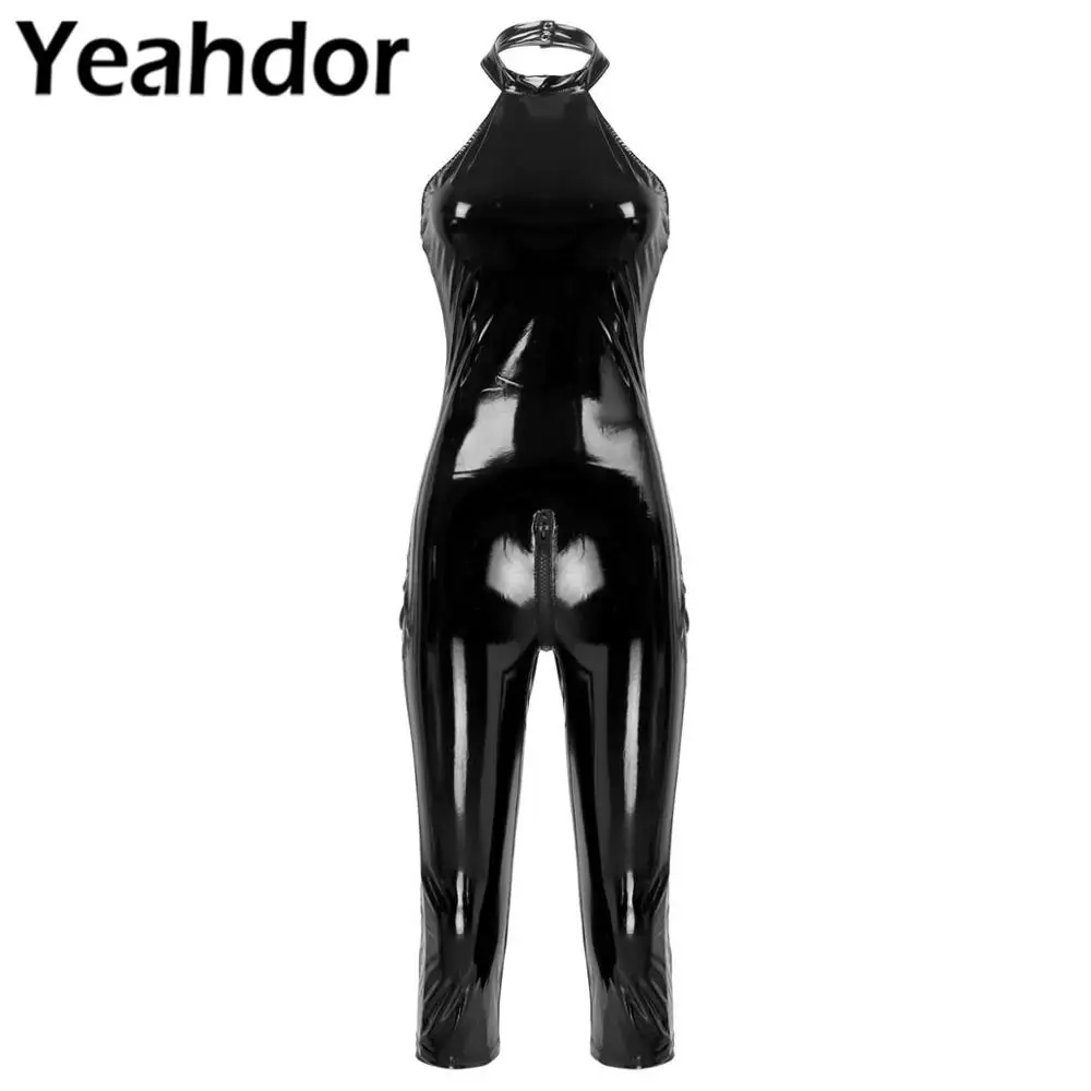 

Womens Adults Sleeveless Jumpsuit Wet Look Patent Leather Clubwear One-piece Low Back Halter Neck Calf Length Catsuit Leotard