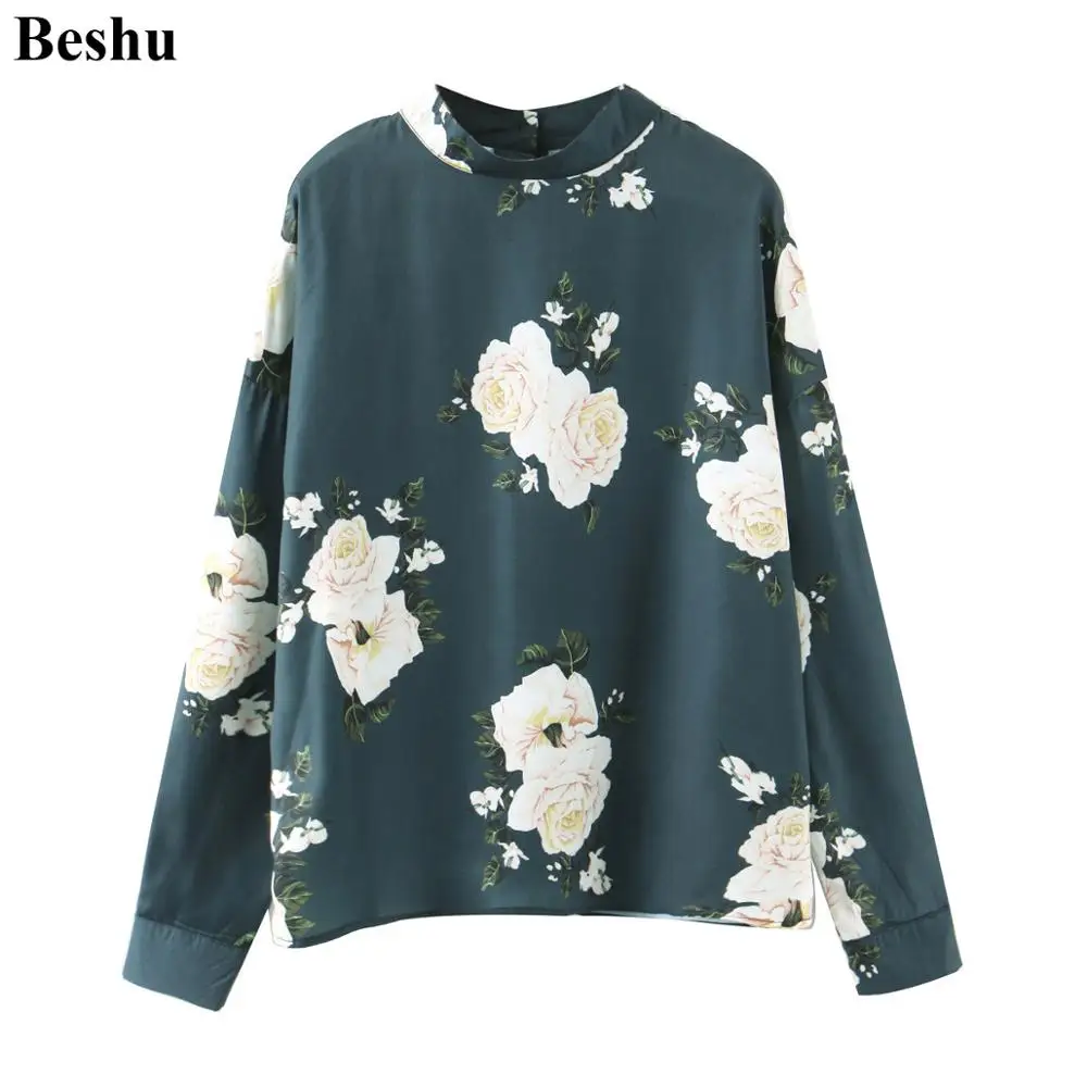 Женская атласная блузка za винтажная зеленая с цветочным принтом и воротником