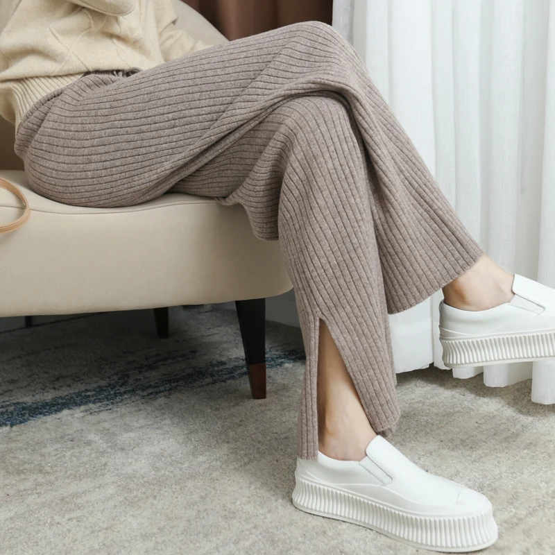 100% Wool Ribbed Knitted Loose Pants Hem Split Full Length All-match Long Trousers Wide Leg Soft Finewool Women Winter Must Have