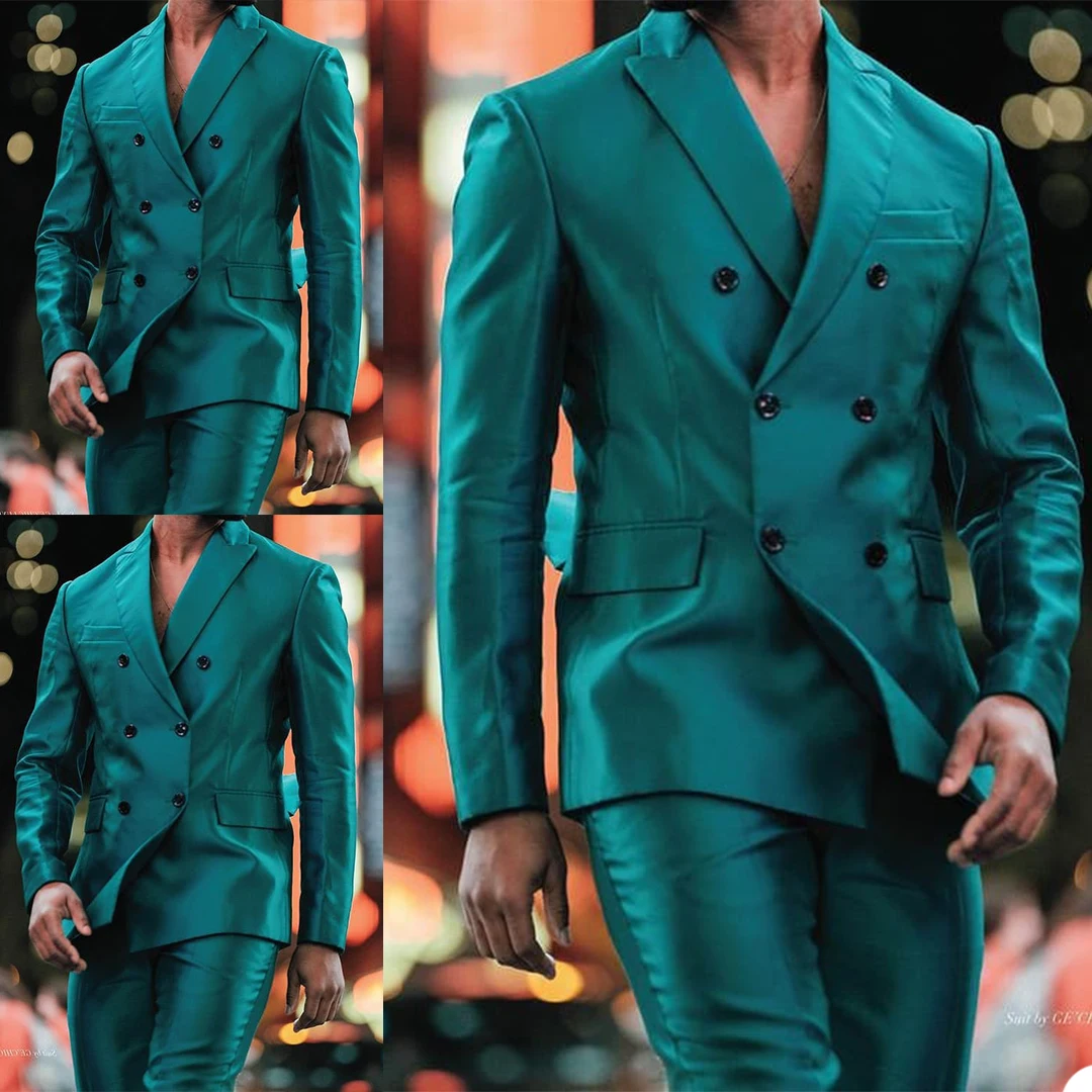 Fashion Double Breasted Bright Green Customized Handsome Slim Fit Party Suits Coat+pant