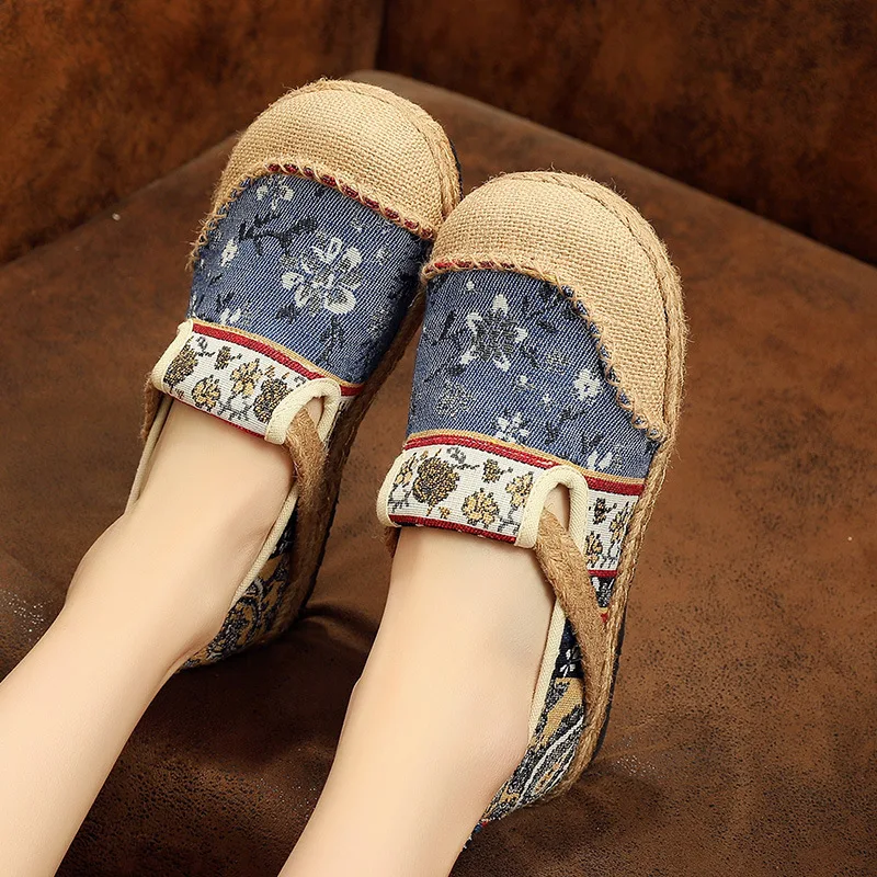 

2021 New Spring/autumn Handmade Canvas Round Toe Shallow Casual Floral Sewing Linen Cotton Shoes Fisherman Woman Flat