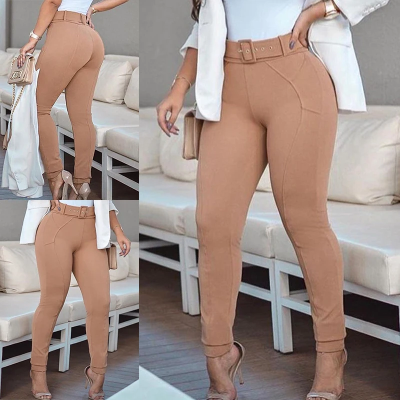 

Fashion Women Spring Summer Solid Skinny Femme Casual Lady Bodycon Pencil High Waist Pants Casual Skinny Long Trousers With Belt