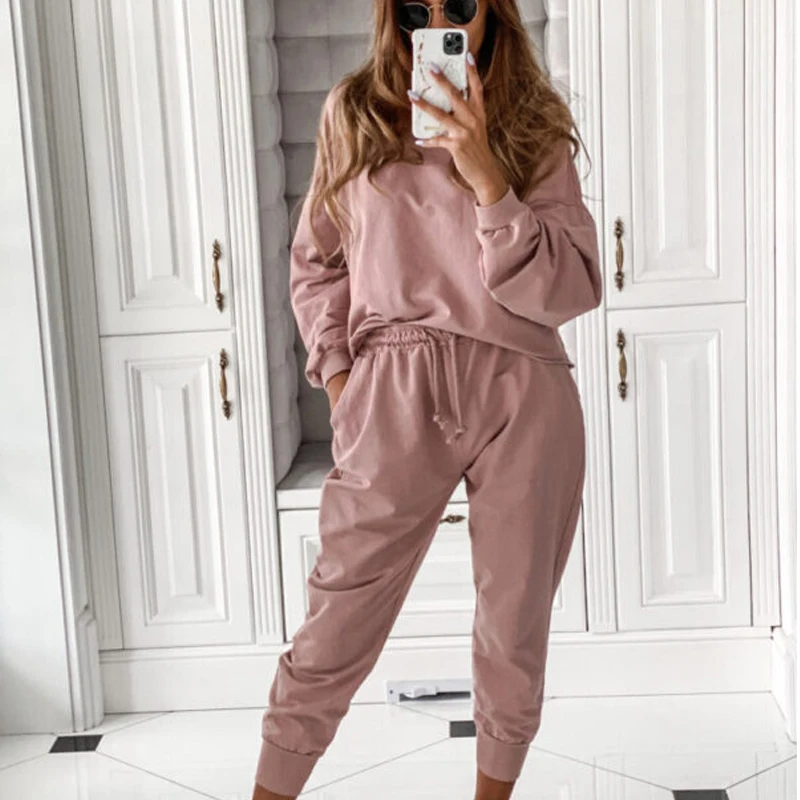

Women Warm Two Piece Set Sports Jogger Hoodies Sweatshirt Trousers Set Long Sleeve Solid Loose Tops and Long Pants Suit