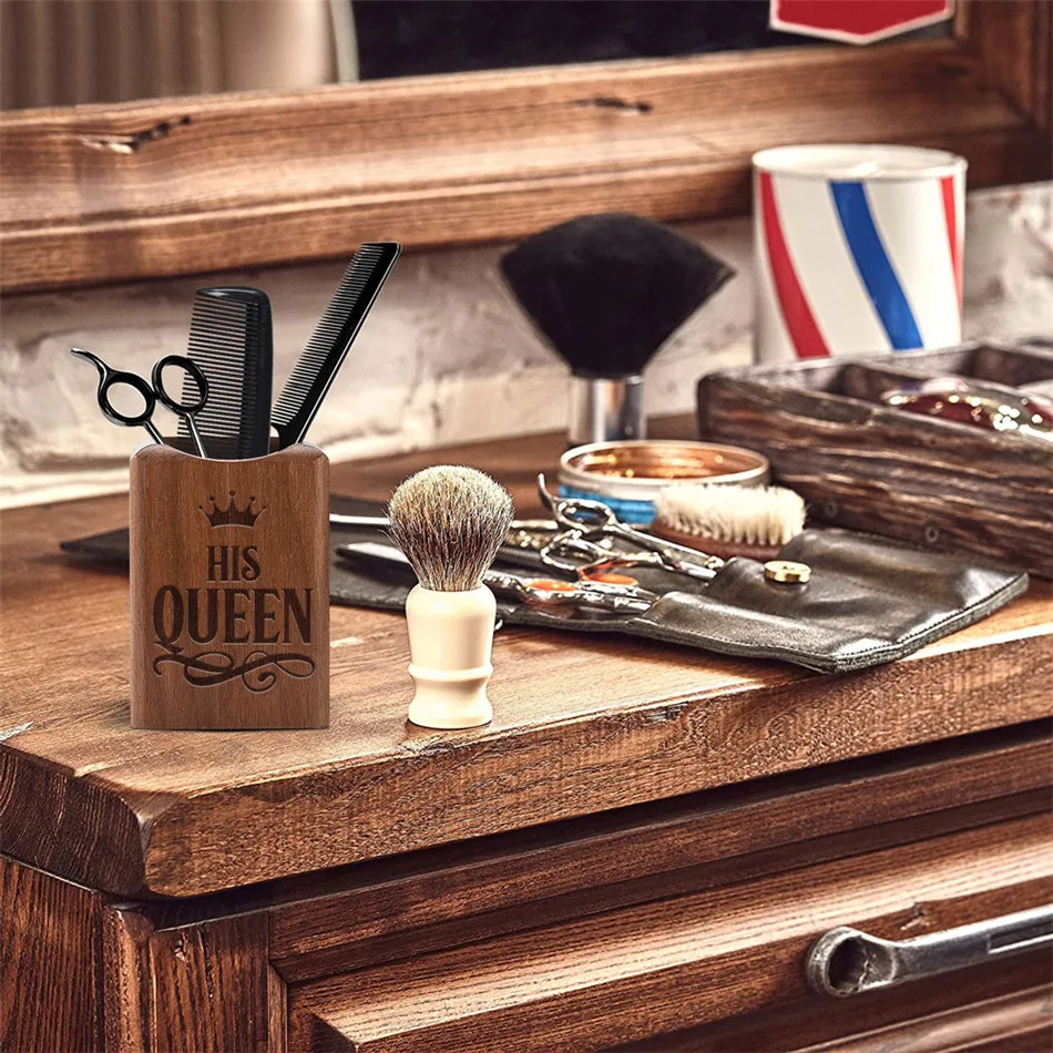 

His Queen Engraved Pen Holder Personalized Customize Logo Text Desktop Decor Storage Wooden Organizer Office Supplies Container