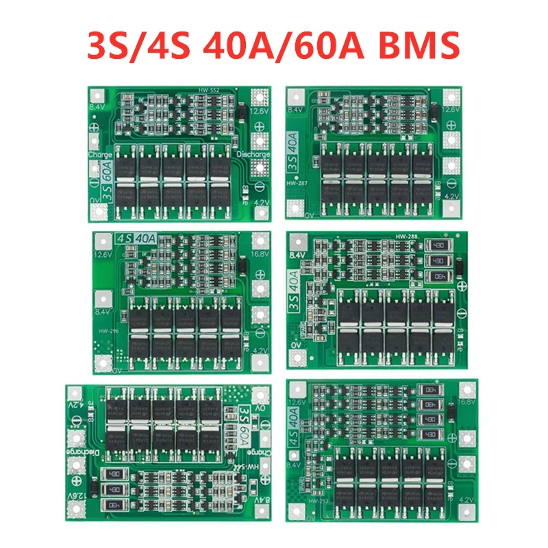Защитная плата 3S/4S 40A/60A 18650 BMS для зарядки литий ионных батарей двигателя