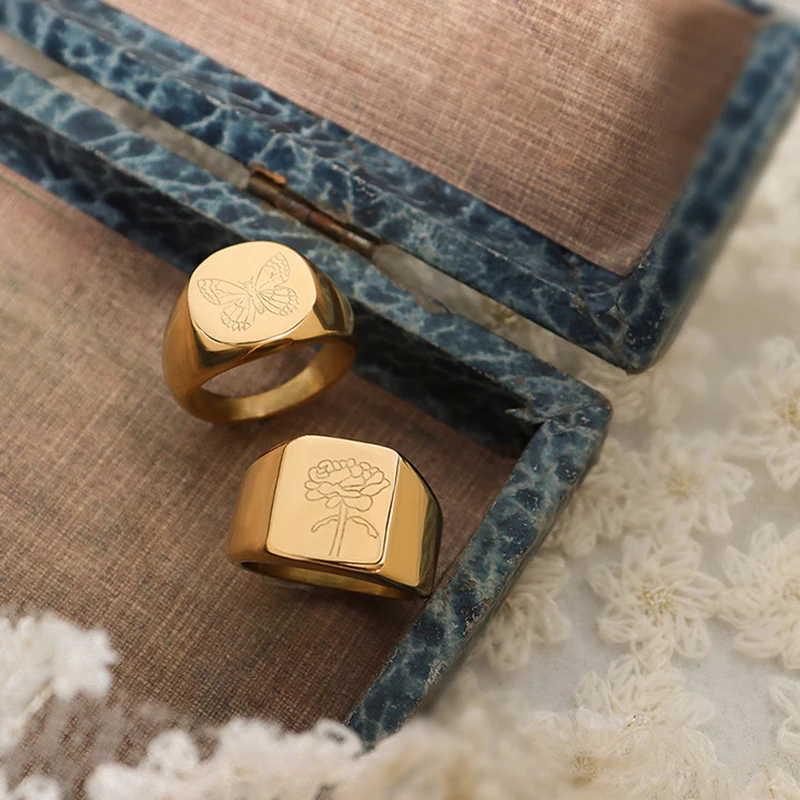 

ZJ Hot Sale 2021 Non Tarnish Stainless Steel Geometrical Statement Texture Flowers Butterfly Signet Rings Women Fashion Jewelry