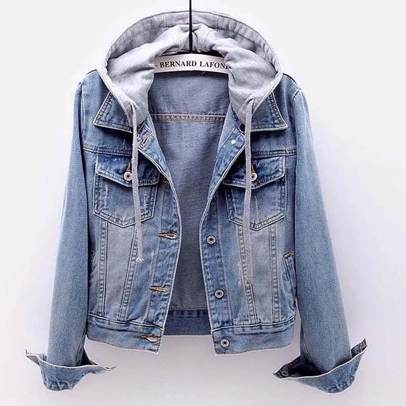 

Spring Autumn Winter Plus Size Slim Denim Hooded Jacket Casual Women Clothes Large Big Top Long Sleeve All Match Hat Collar Coat