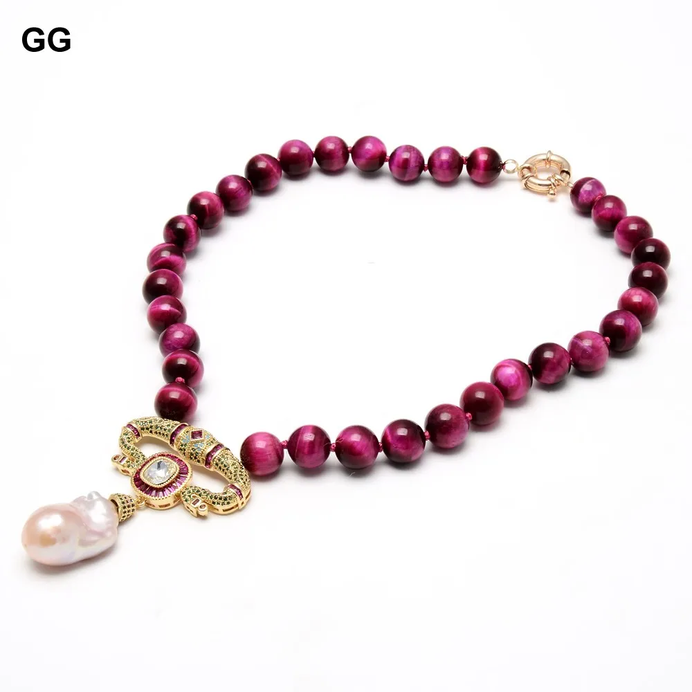

GG Jewelry Natural Smooth Round Fuchsia Tiger Eye Necklace Cubic Zirconia CZ Pave Pink Keshi Pearl Pendant For Women