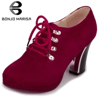 for doropship classic shoelaces big size 44 vintage flock high heels platform office lady shoes women pumps female
