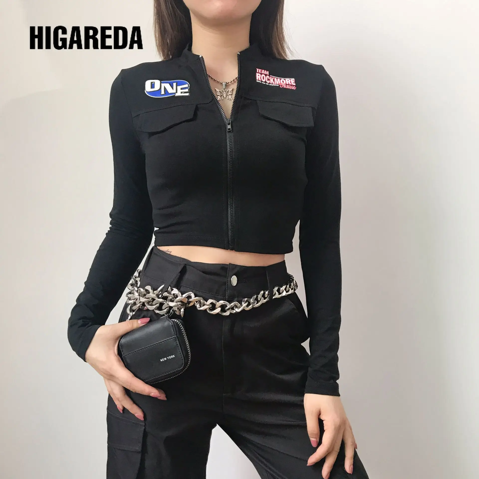 

HIGAREDA Print Long Sleeve Crop Top T Shirt Skinny Black Cotton Tshirt Women Gothic Zipper Casual Tee Shirt Femme