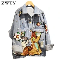 zwty cartoon sequins embroidered denim jacket women spring new korean style student leisure loose jeans jacket coats overcoat