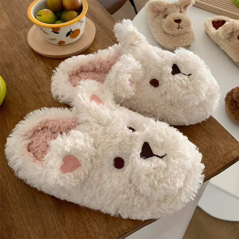 

2021 Kawaii Fuzzy Dog Slippers for Women Winter Warm Animal House Slippers for Friends Gift Green Pink Cute Fluffy Slippers