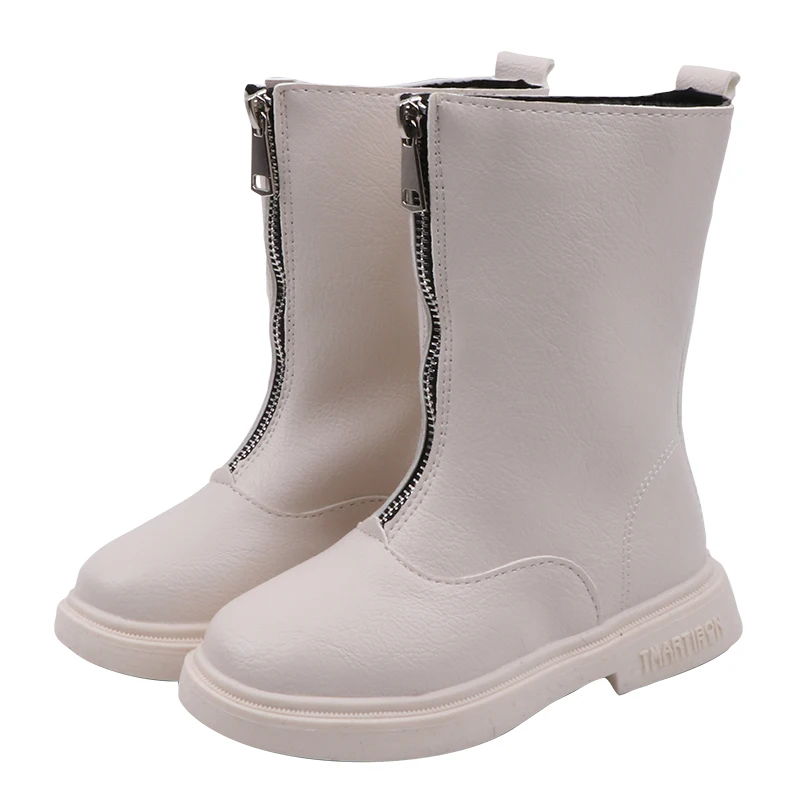 Autumn Winter Kids PU Leather Knee-High Shoes Warm Zipper White Boots Fur Ball Girls Middle Calf Boots