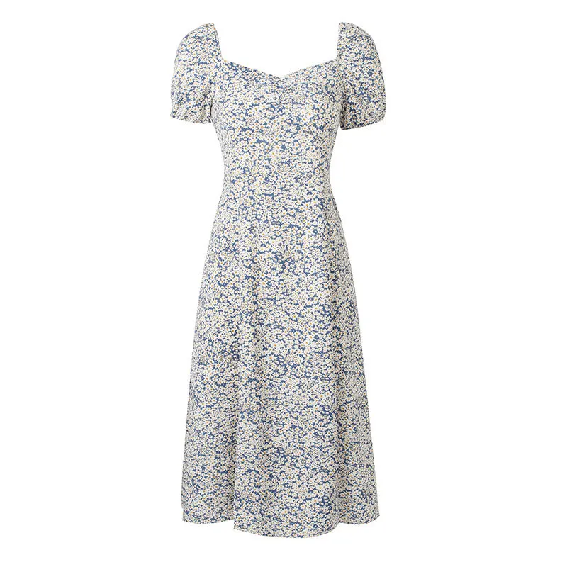 

Blue Daisy Print French Dress Women Summer Midi Dress Sexy Backless Square Collar Stretchy Dress Elegant 2021 Fashion Clothing