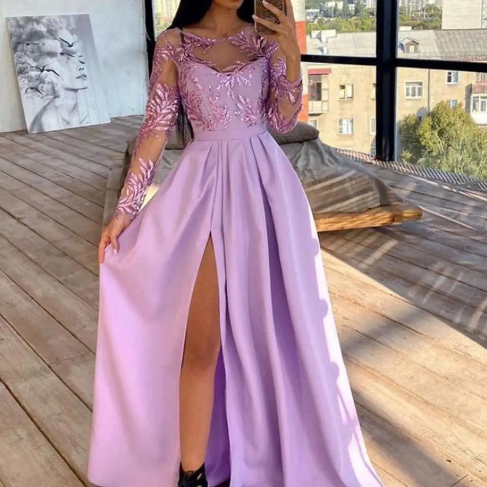 

Women Dress Lace Sleeve High Split O-Neck Bronzing Maxi Dress Slim Polka Dot See Through Bodycon Dress Celebrate Occassion