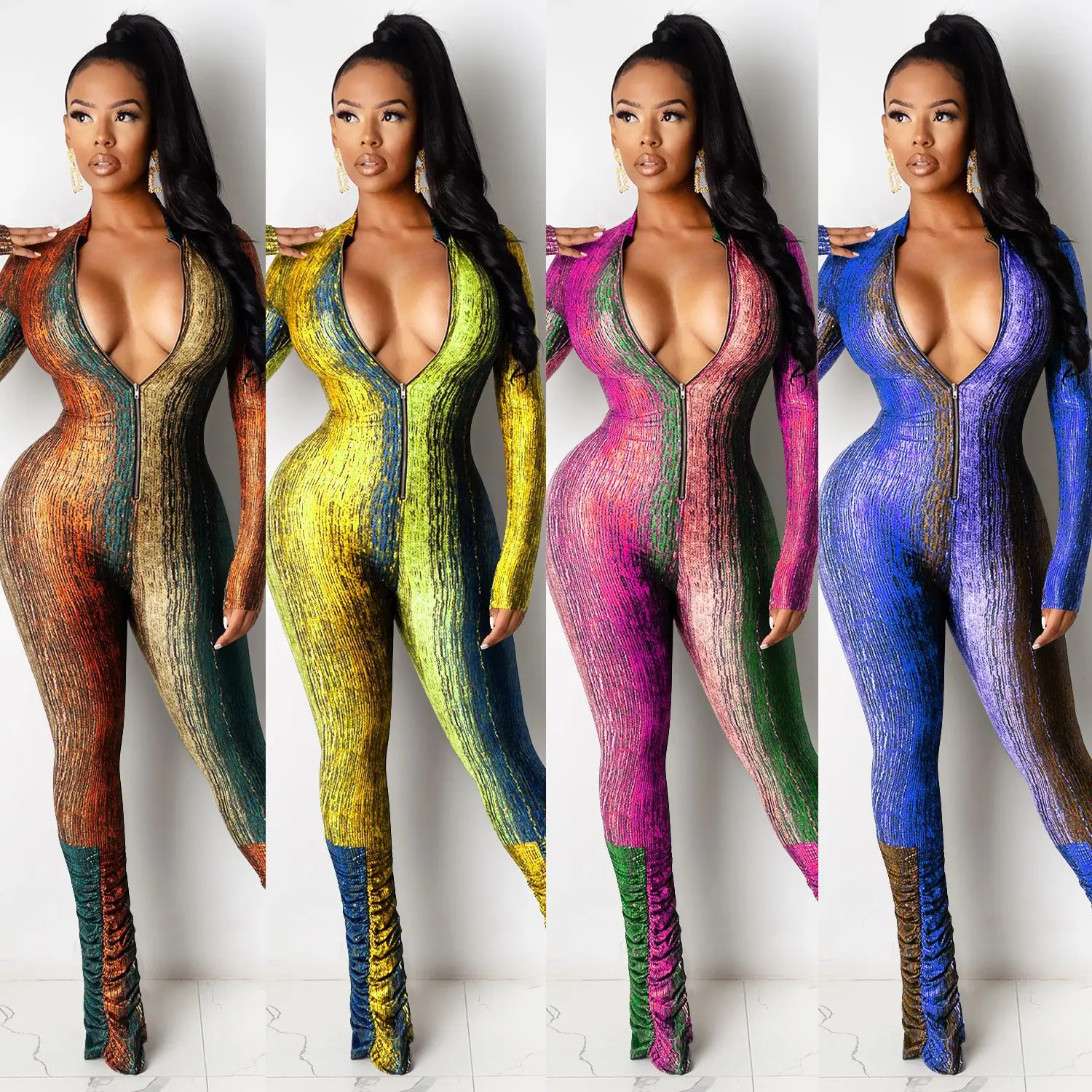 

Zipper Jumpsuit Women's Printed Color Long pants fitness Bodycon Fashion Stacked joggers One Piece Jumpsuit