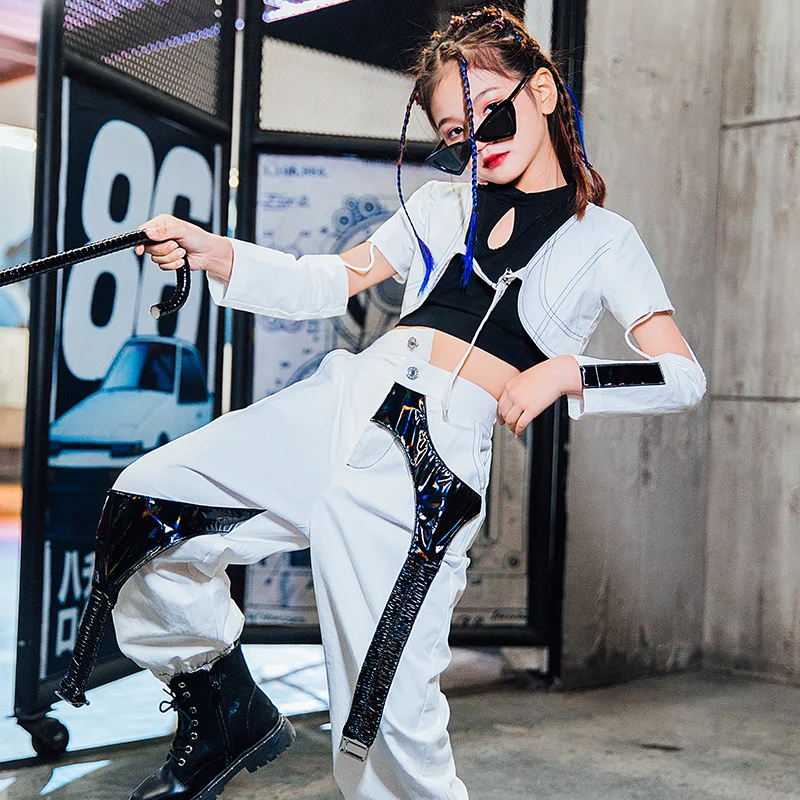 

3 Pieces Set New Jazz Costume Girls White Sequin Hip Hop Set Street Dance Performance Clothing Stage Dancing Wear Outfits XS1065