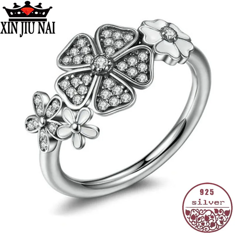 

100% S925 sterling silver flower inlaid with zirconium diamond oxidized black bouquet enamel ring daisy wedding turkish jewelry
