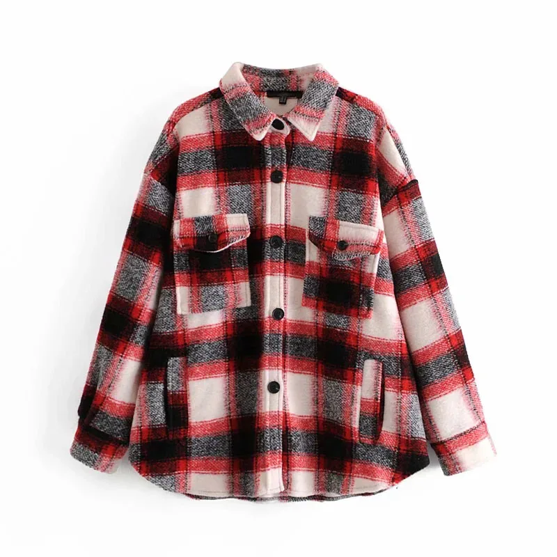 

Stylish Chic Plaid Woolen Jacket Women Fashion Turn-down Collar Pockets Buttons Coat Female Casual Outerwear