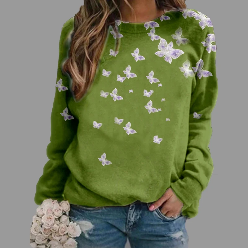 Long Sleeve Women Sweatshirt Simple Beautiful Spring Autumn Clothes Butterfly Printed Tops Female Classic O-neck Loose Pullover