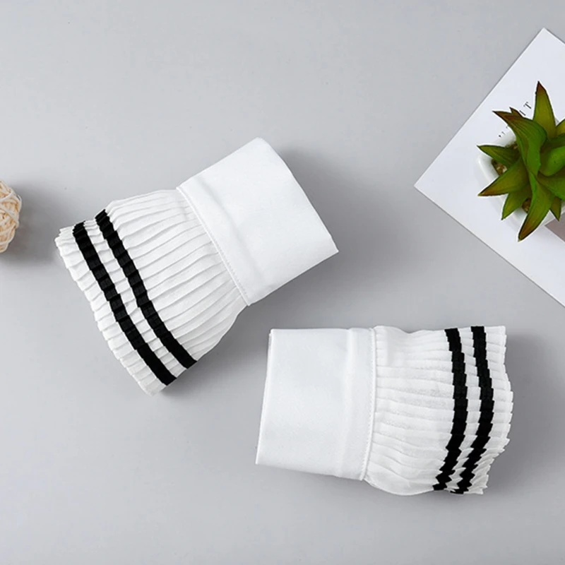 

Korean Women Preppy Style Pleated White Horn Cuffs Double Black Stripes Detachable Fake Sleeves Decorative Wristband