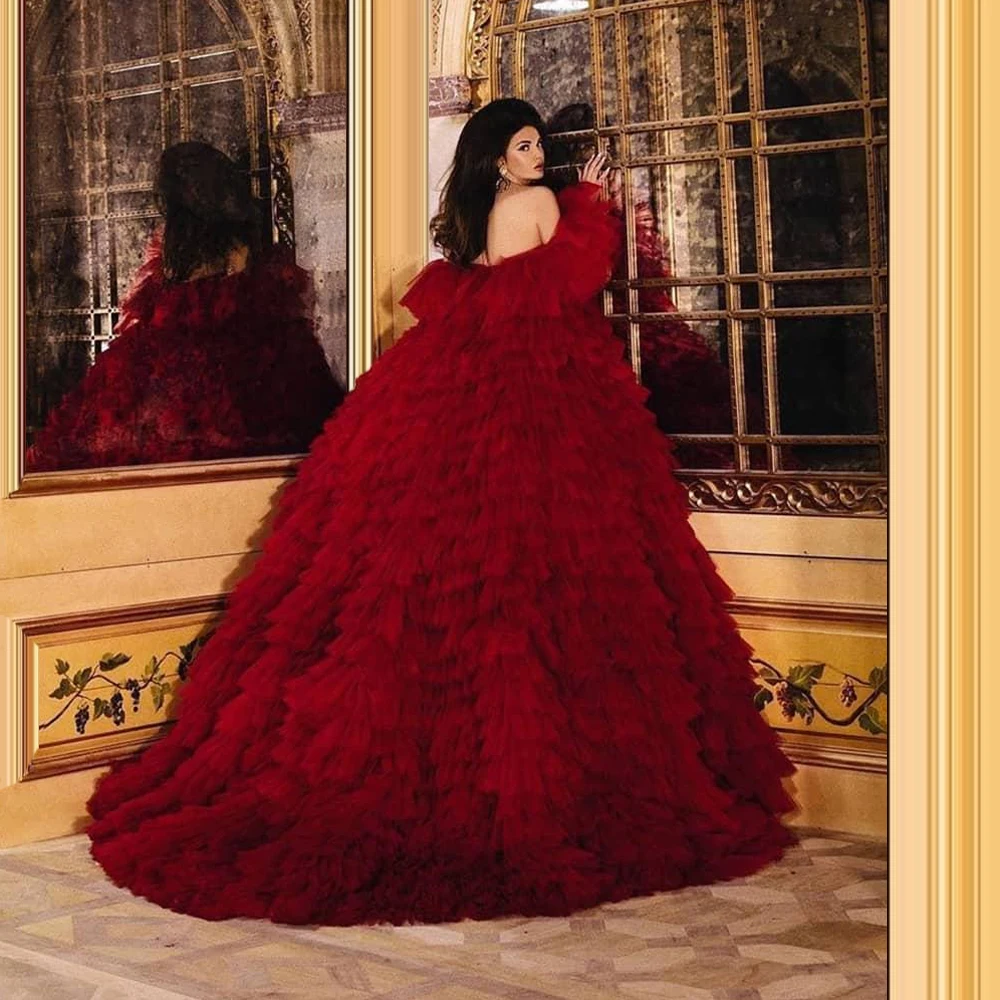 

Off-the-Shoulder Ruffled Dubai Evening Dress Burgundy Ceremony Dress robe femme Engagement Gown de boda