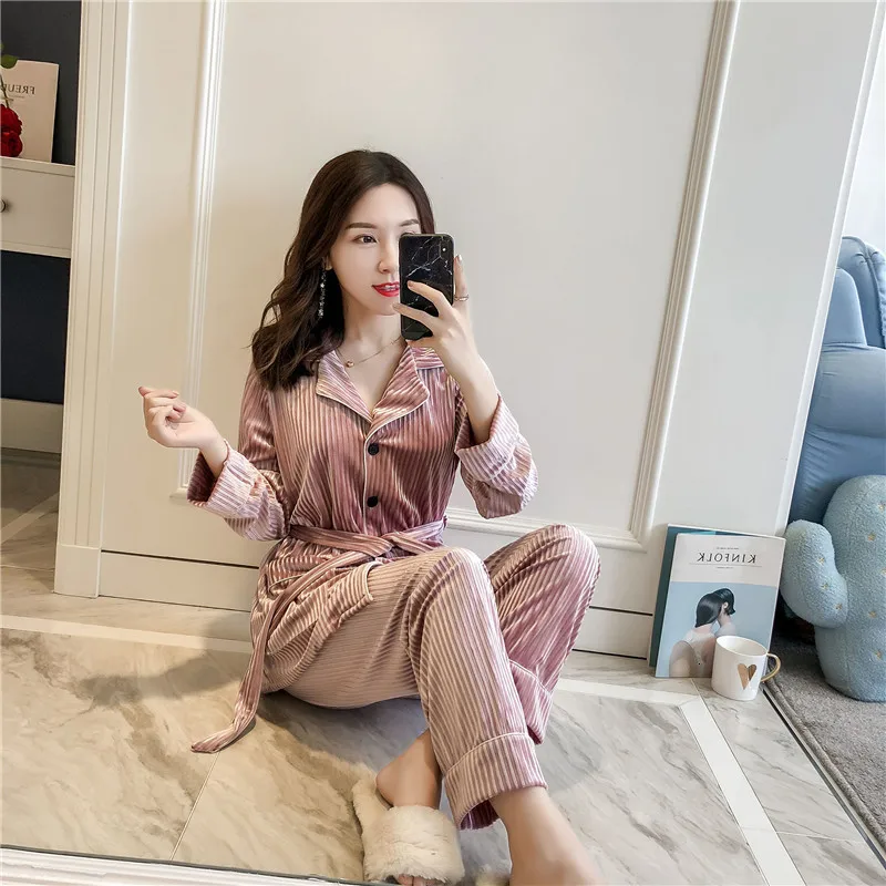 Winter New Gold Velvet Women Pajama Set Thicken Keep Warm Pyjamas Set With Belt Slim Sleepwear