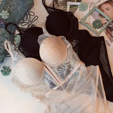 Ensemble de lingerie en gaze ultra mince, combinaison Simple, soutien gorge et culotte sexy, dentelle de cils, sous vêtements modelants  (1)