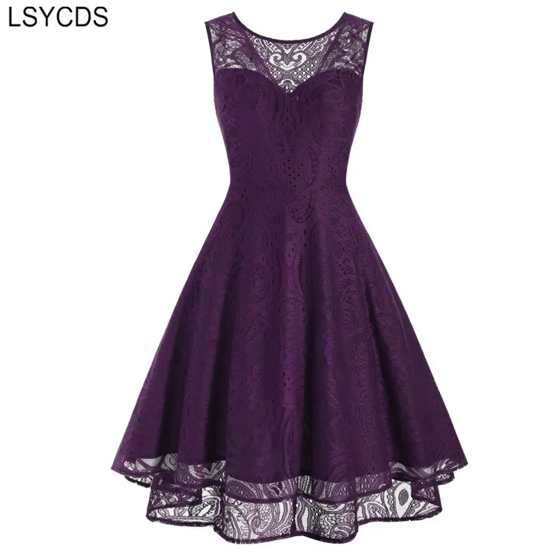 

LSYCDS Vintage Lace Dress Romantic Purple Dress Dating Elegant Women Clothes 2020 V Back High Low Hem Night Out Party Dress