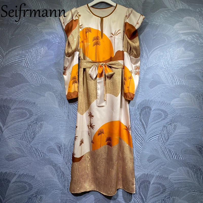 

Seifrmann New 2021 Autumn Women Fashion Designer Party Long Dress Puff Sleeve Bow Sashes Vintage Printed Loose A-Line Dresses