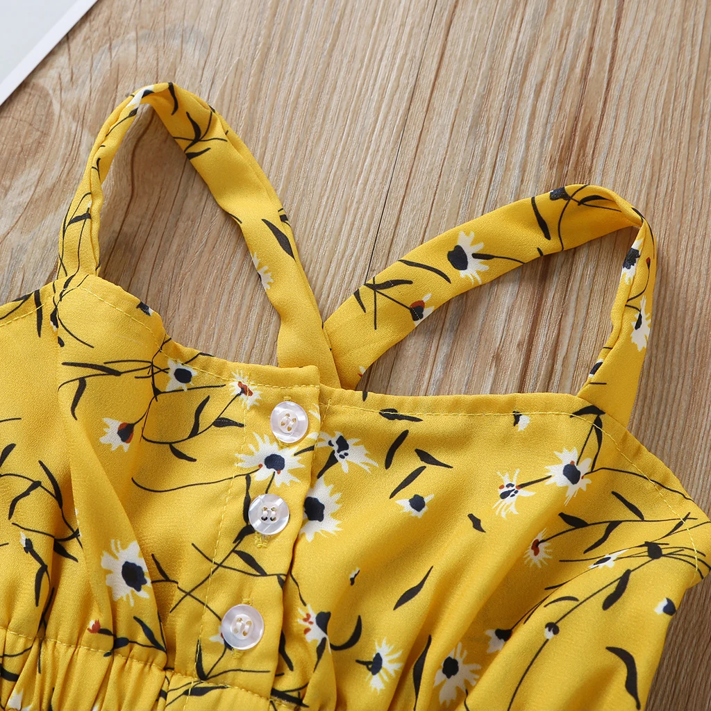 Желтое платье на подтяжках для девочек летняя детская одежда с оборками и