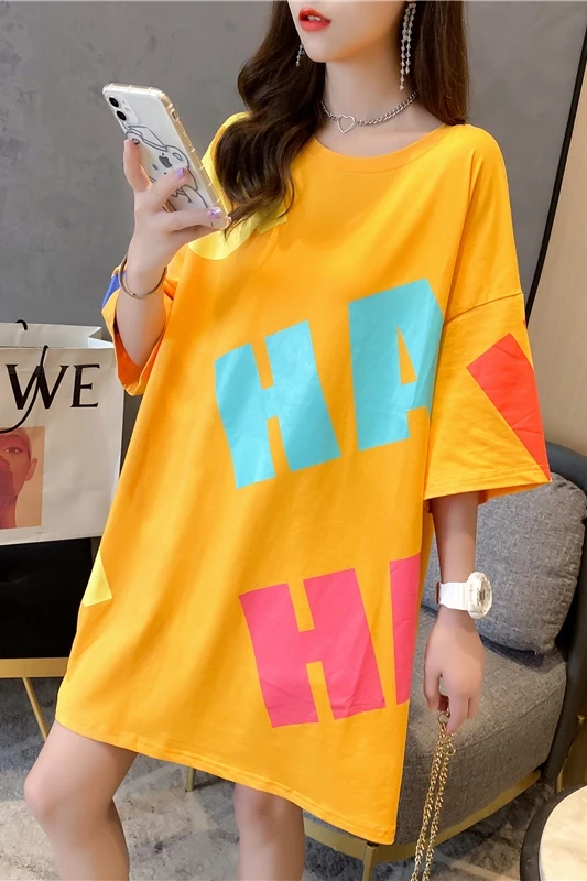 

Houthion Women's T-shirt New Casual Fashion Loose Plus Size Mid-length T Shirt Letter Printing Short Sleeve O-neck Top