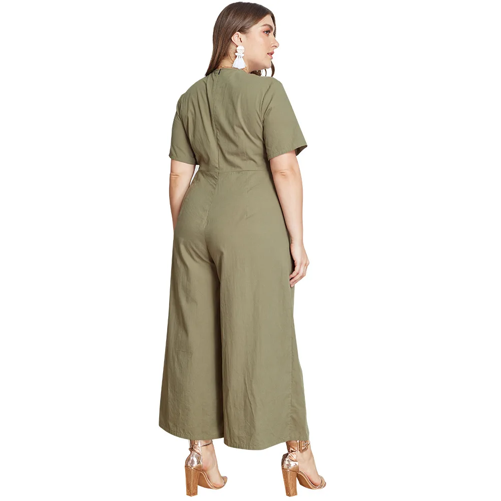 

New Jumpsuit 2021 Spring and Summer Short Sleeve Solid Color Full Length Green Wide Leg Pants