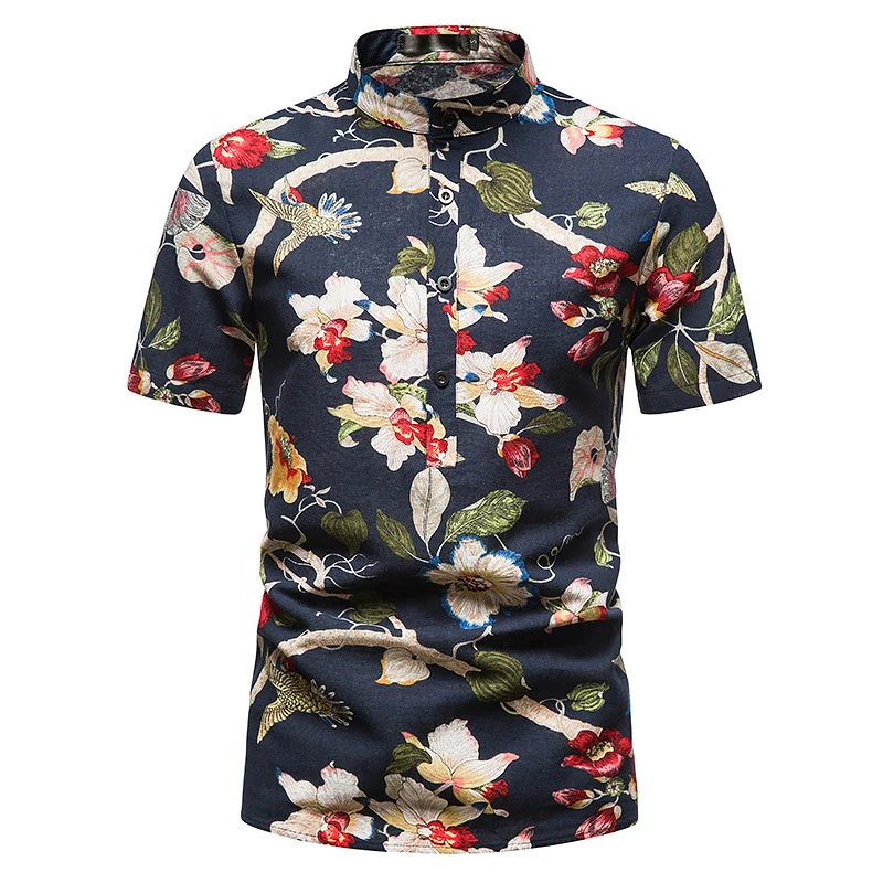 

Print Shirts Men Stand Collar Casual Flower Shirt Mens Hawaiian Oversized Short Sleeve Camisas Summer Holiday Beach Streetwear