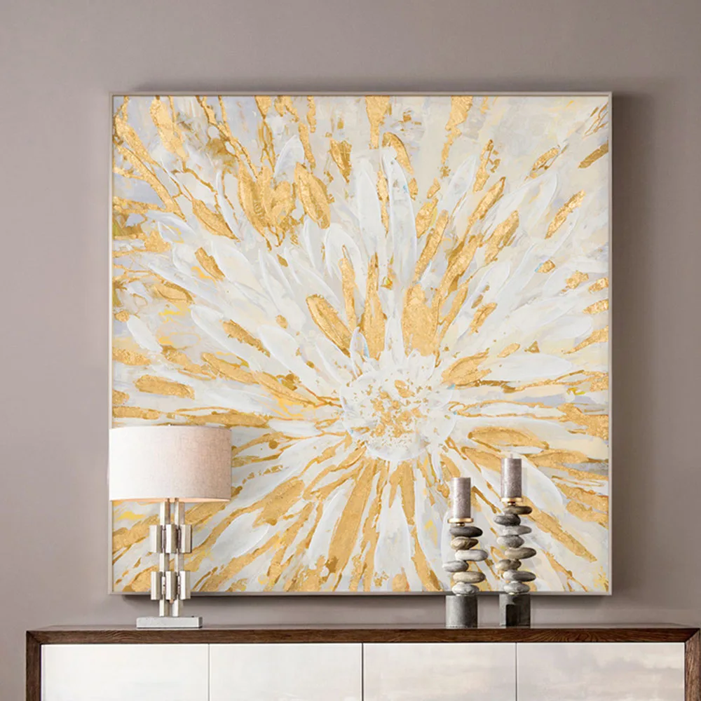 

High Quality Handmade Textured Gold Blooming Flowers Canvas Painting Wall Art Abstract Shining Sun Art Modern Wall Pictures