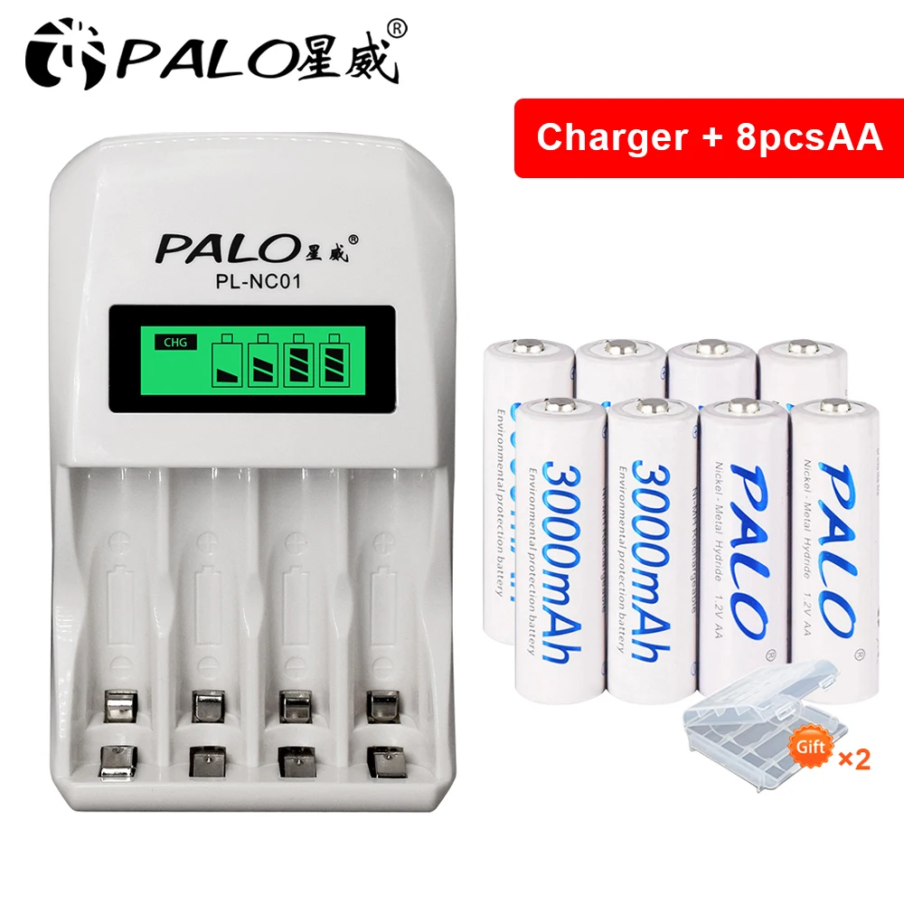 8 шт. aa 1 2 v 3000mah аккумуляторная батарея AA с ЖК зарядным устройством для ni MH cd aaa