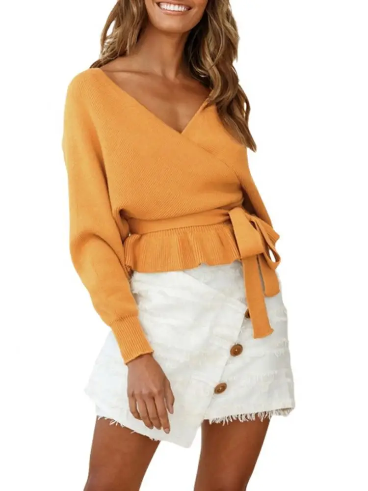 

2021 Fall New Women'S V-Neck Batwing Long Sleeve Waist Lotus Leaf Knitted Top Sweater