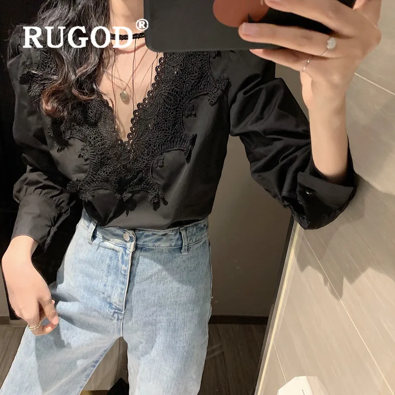 RUGOD кружевная блузка с пышными рукавами женские блузки длинным рукавом